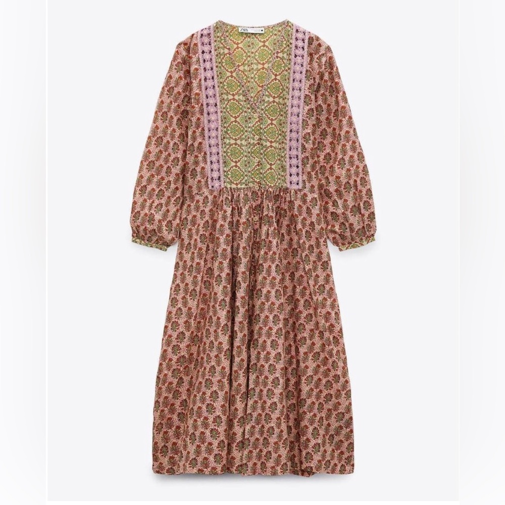 ZARA Cotton Printed Dress Crochet Detail New